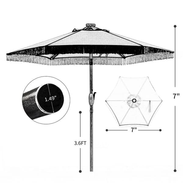 dimension image slide 1 of 4, Ainfox 7FT Outdoor Patio Umbrella with Tilt Fringe Tassel Umbrella with LED Solar Lights