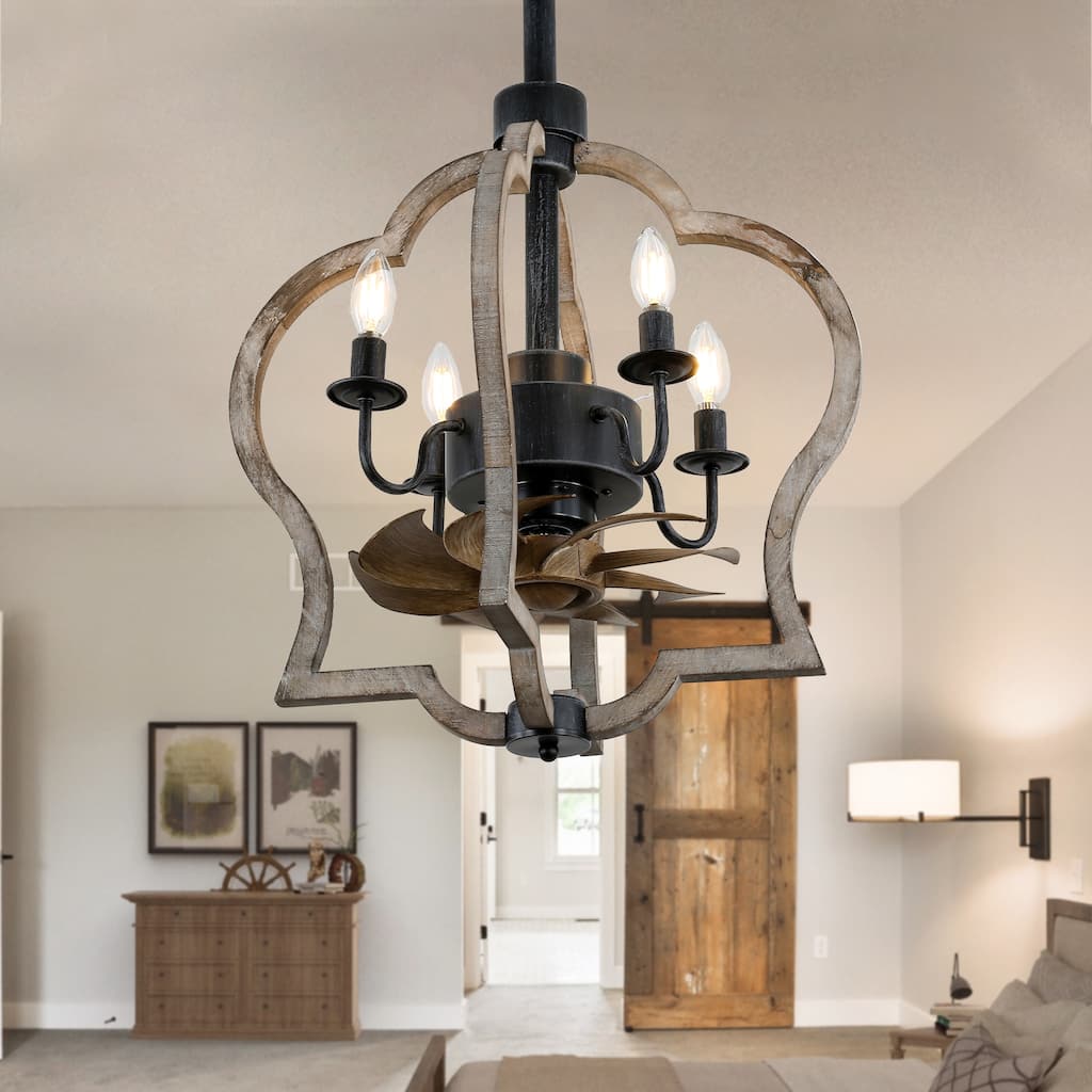 Bella Depot 15" Rustic Distressed Wood Ceiling Fan with Remote Control and Light Kit, 3-Speed Reversible Blades Pendant Lighting