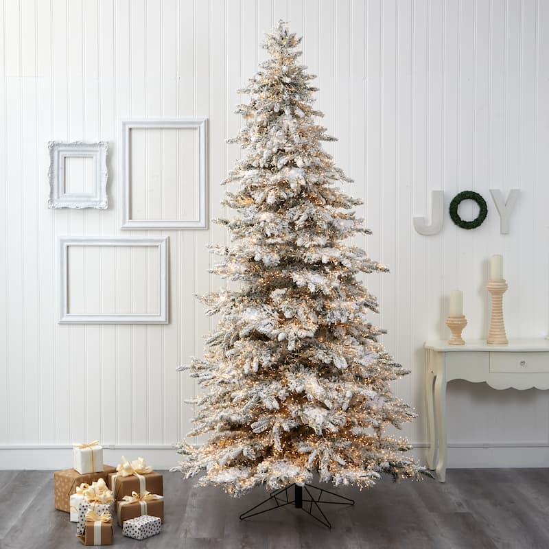 9ft. Flocked Grand Fir Artificial Christmas Tree with 8208 Warm Cluster Lights & 1818 Branches - Dazzling Winter X-Mas Showpiece