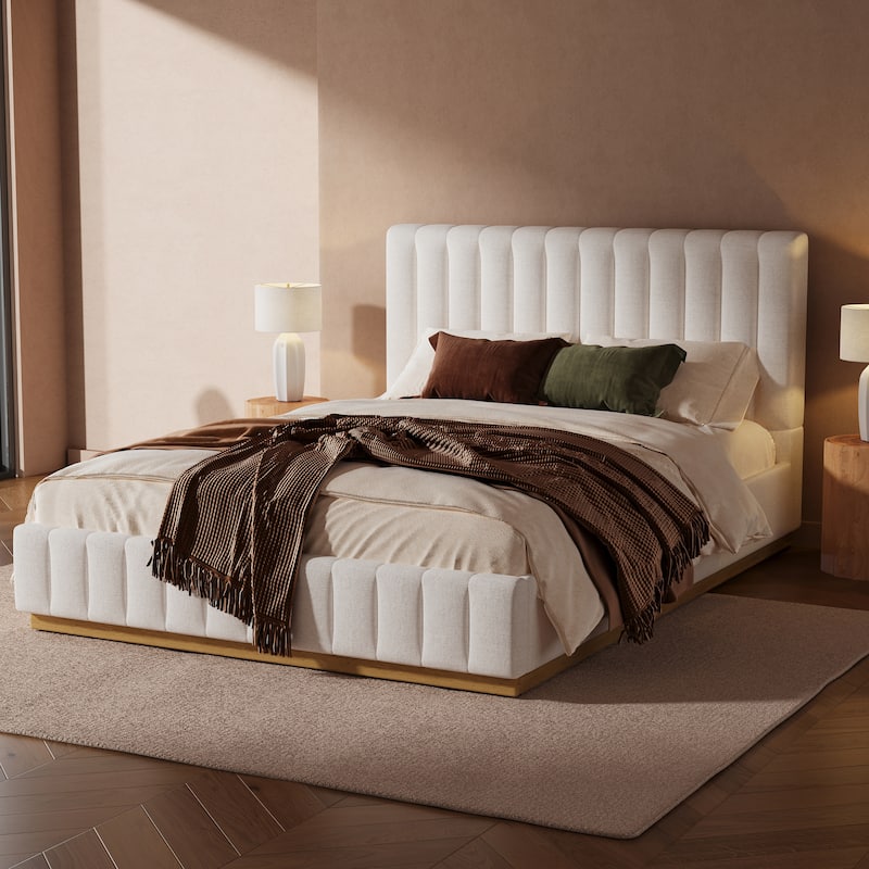 Christopher Knight Home - Harper Modern Linen Upholstered King Bed Frame with Thick Headboard and Solid Wood Base