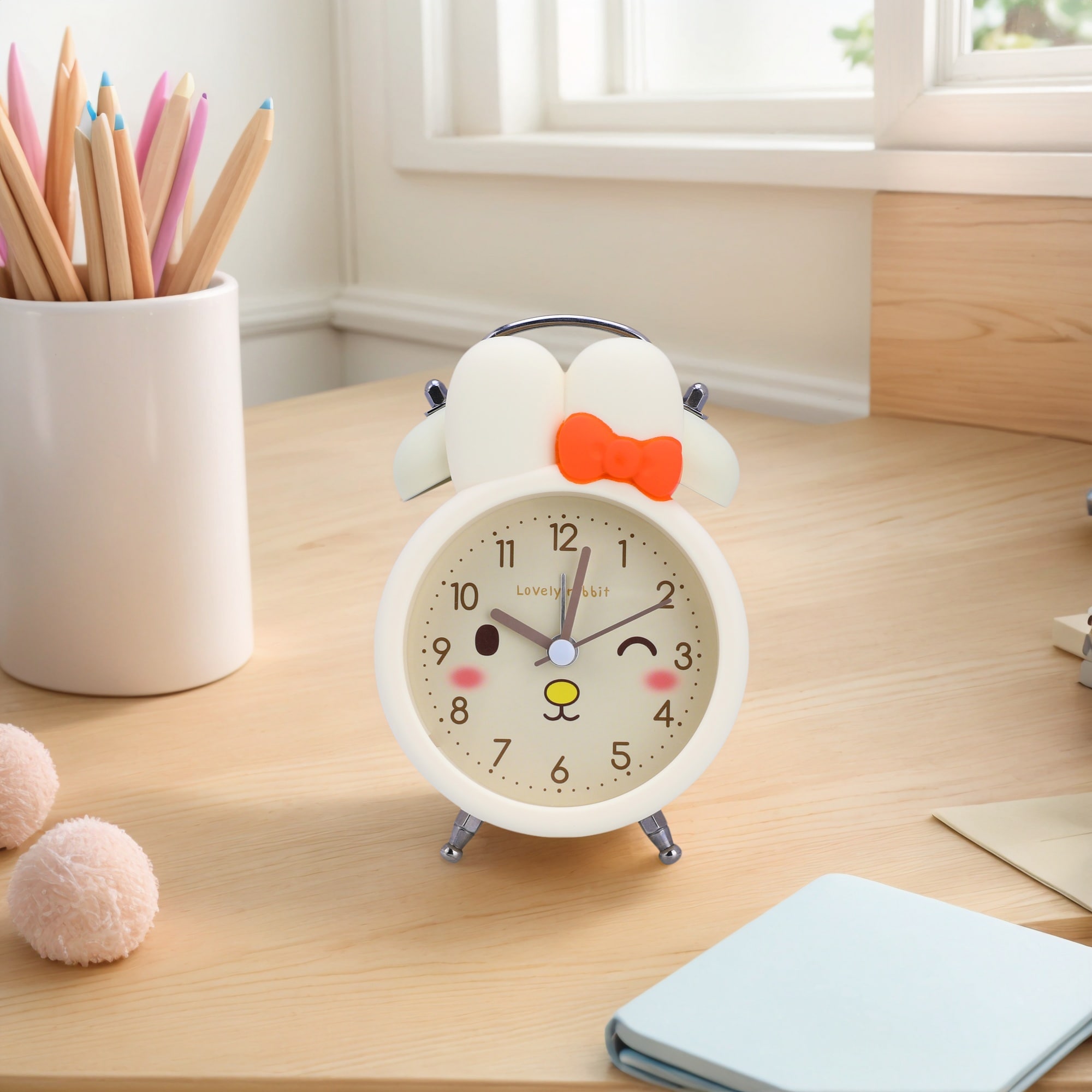 Bunny Design Mechanical Alarm Clock, Loud Alarms, Non-Tick, Cute Expression Pattern for Teens 3.5"Lx2.2"Wx5.1"H