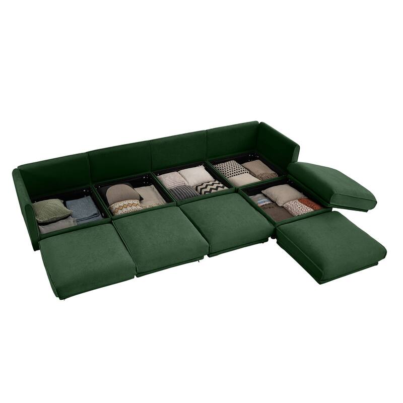 142.5" Chenille Upholstered L-Shaped Modular Sectional Sofa with Storage Seat, DIY Combination
