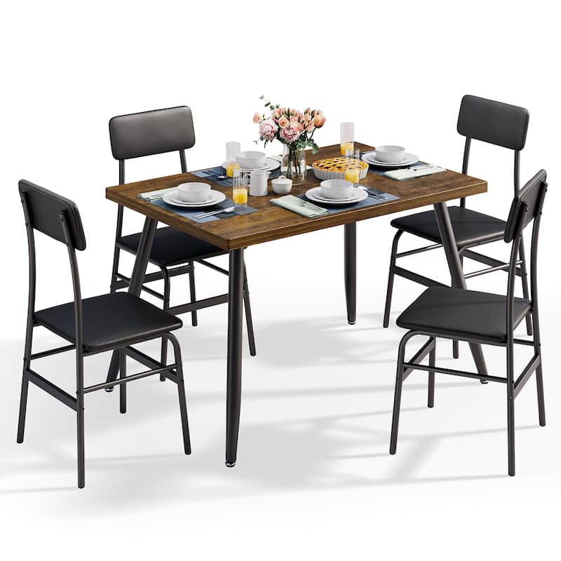 5-Piece Mid-Century Rectangular Dining Table, Industrial Kitchen Table Set with 4 Faux Leather Chairs