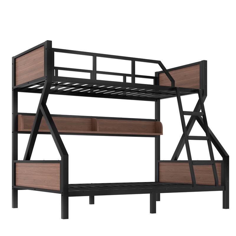 Twin over Full Bunk Bed, Metal Bunk Bed with Storage Shelves and Lights, Space-saving & Noise-free Design, Black