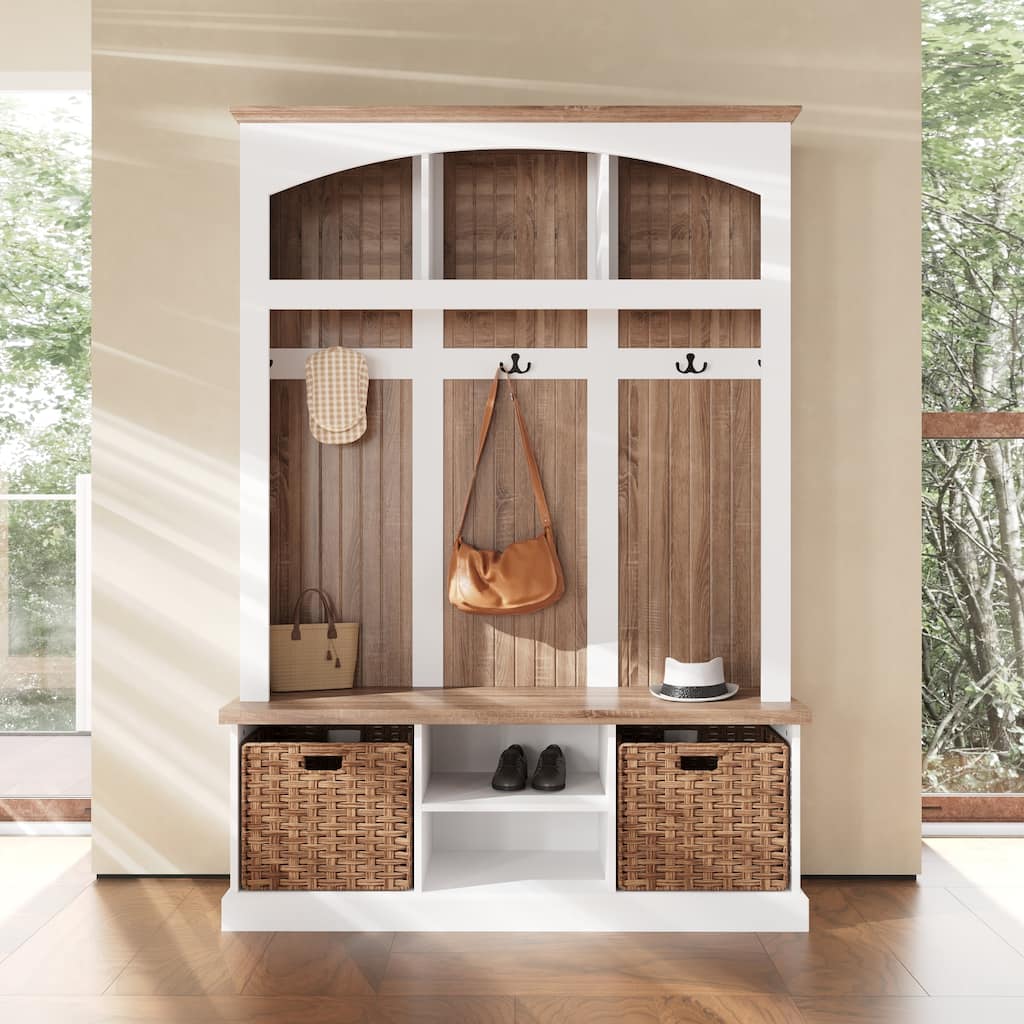 Entryway Hall Tree with Shoe Bench and 2 Rattan Baskets, Mudroom Storage Organizer