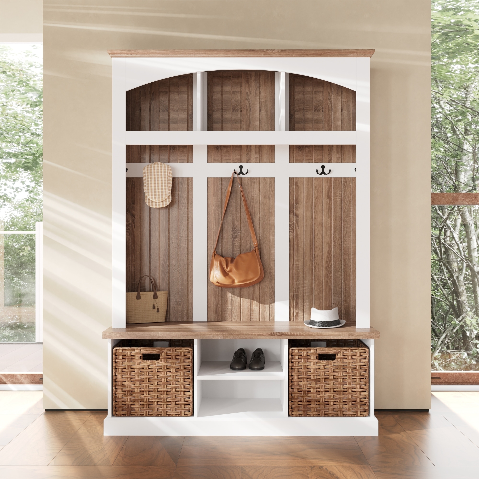 Entryway Hall Tree with Shoe Bench and 2 Rattan Baskets, Mudroom