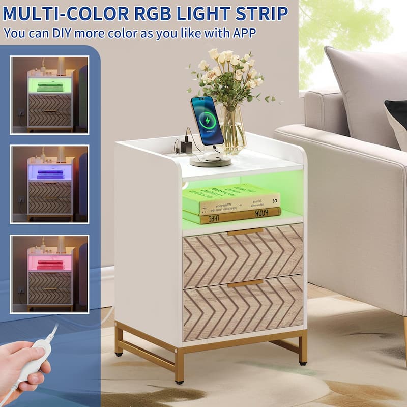 Moasis Modern LED Nightstand Set of 2 with Drawer and Storage Shelf, Bedside Table with Charging Station