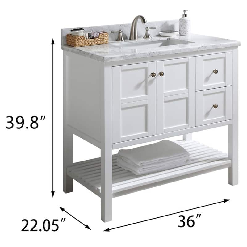 BATHLET White 36 inches Bathroom Vanity with Marble Top and Open Shelf