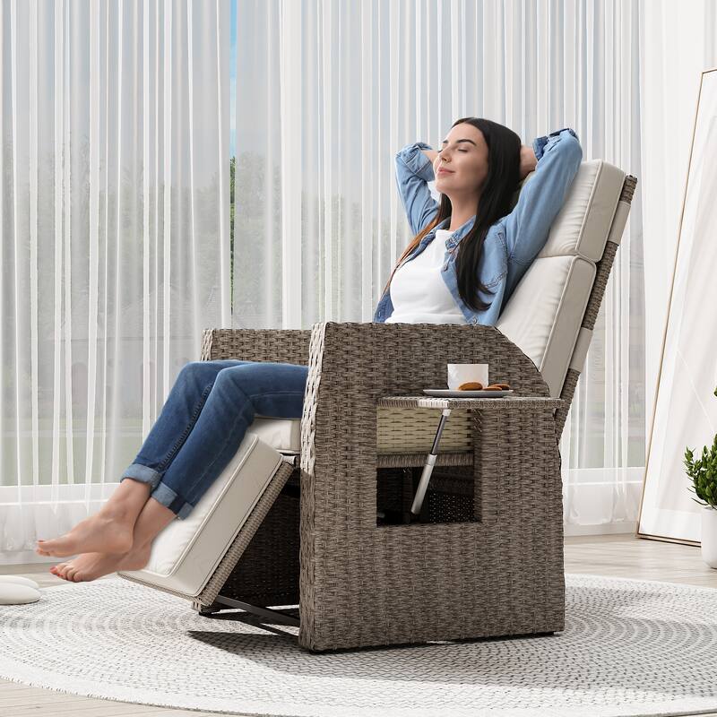 Moasis Outdoor Wicker Recliner Chair, Gliding/Lounge Chair with Adjustable Back & Footrest, Cushions