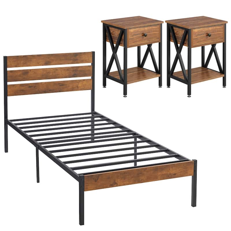 Javlergo Modern 3-Pieces Bedroom Set with Platform Bed Frame and Nightstands