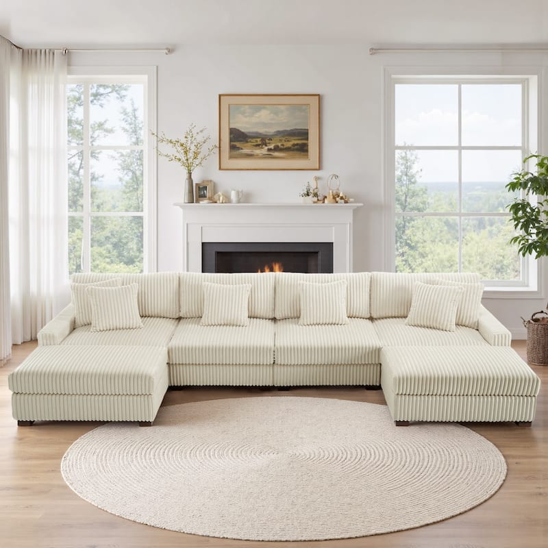 Anne 150" W Upholstered Plush Corduroy Modular Sectional Sofa - 6-Piece White