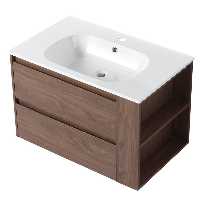 30 Inch Wall Mounted Plywood Bathroom Vanity Set with Integrated Resin Basin and Drawer