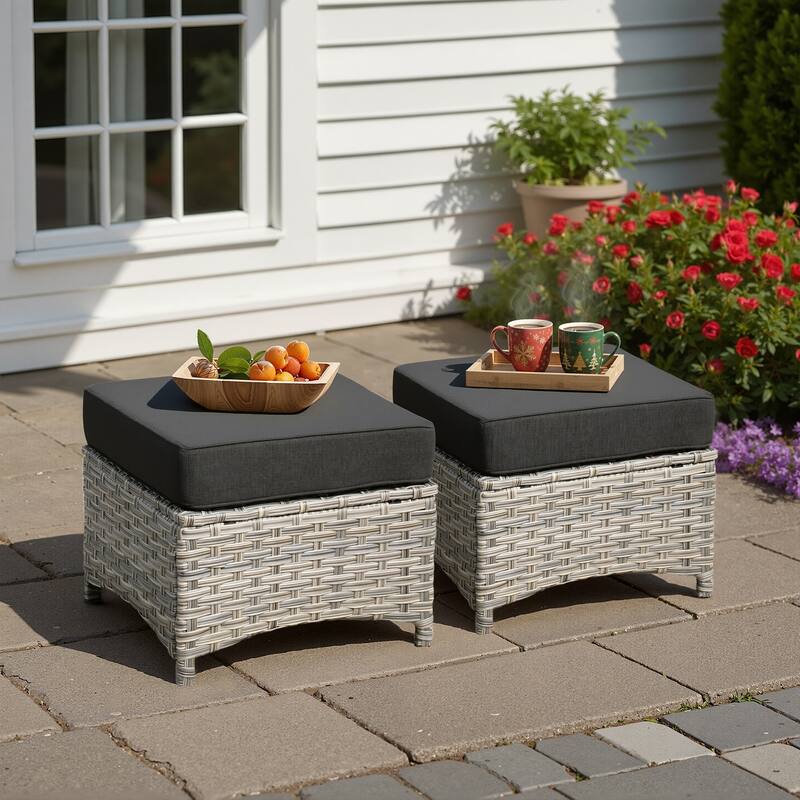 XIZZI Patio Wicker Ottoman with Cushion Outdoor Footrest - Black