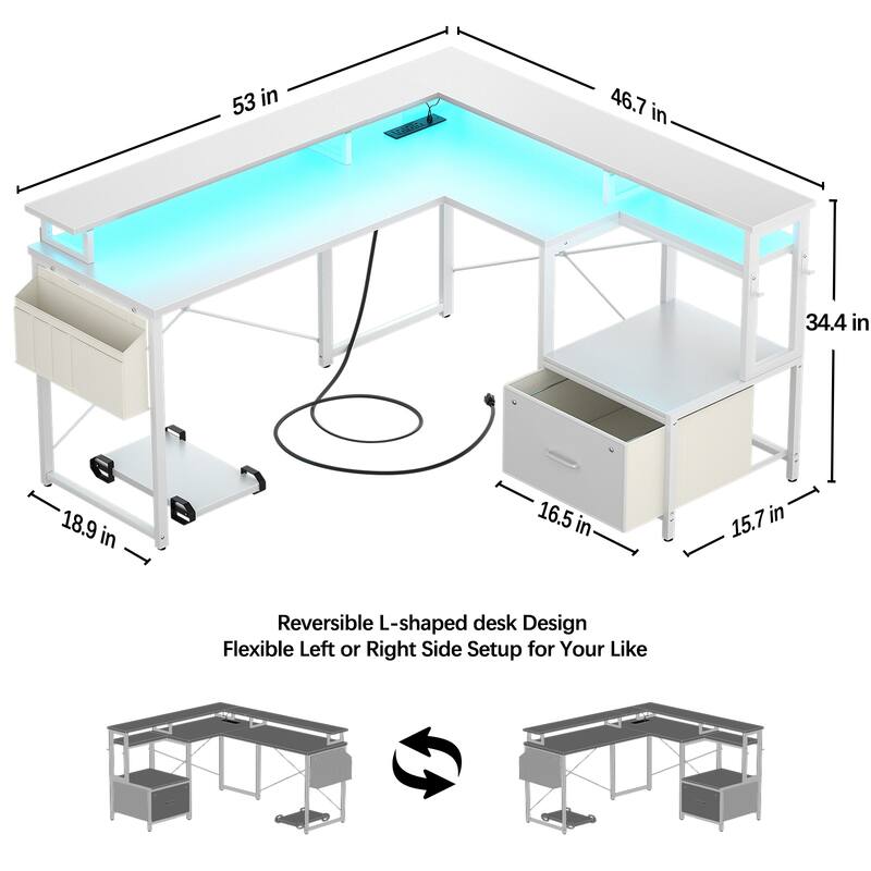 L Shaped Desk with File Drawer and Printer Stand, Reversible Corner Computer Desk with Power Outlet and LED Strip