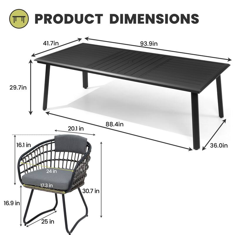7/9/11-Piece Set Outdoor Aluminum Dining Table with Umbrella Hole and PE Rattan Chairs