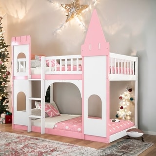 Fun Design Twin over Twin Pink Castle Shape Bunk Beds, Kids Bunk Beds