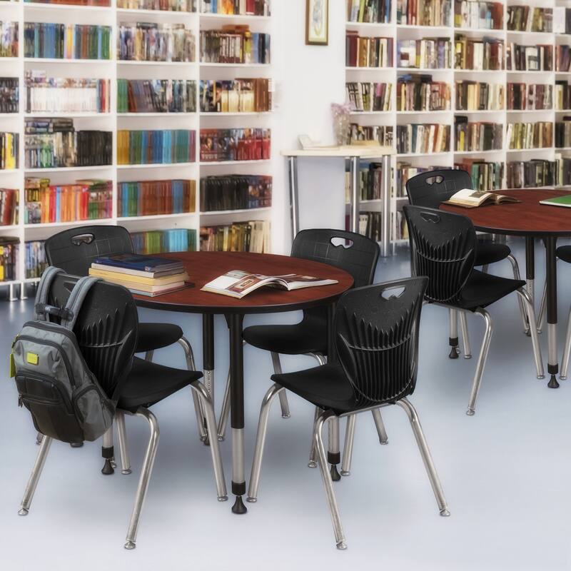 36 in. Round Height Adjustable Classroom Table - Cherry & 4 18-in Stack Chairs- Black