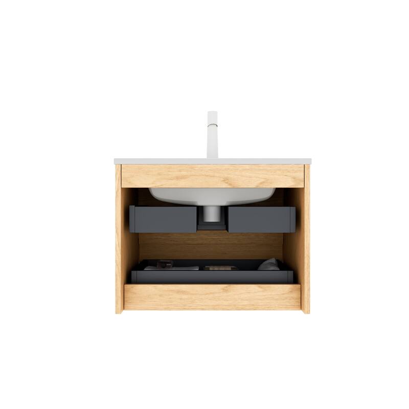 29" Bathroom Vanity with Premium Glossy White Ceramic Sink, Corolla Oak Grain Cabinet, Large Storage Drawers