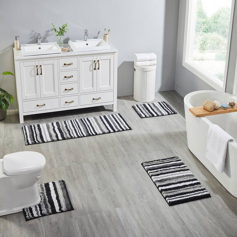 Better Trends Bath Rug 100% Polyester Super Absorbent Anti-Skid TPR Backing Bathroom Rug For Shower,Sink Mats Griffie Collection - 4 Piece Set 17"x24" | 20"x20" | 20"x32" | 20"x60" - Gray
