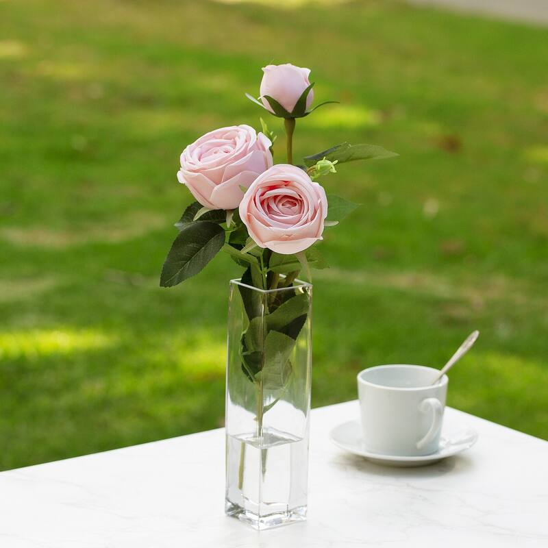 Enova Home Artificial Silk Rose Flower in Clear Glass Vase Faux Rose Flower with Vase For Home Office Decoration - N/A