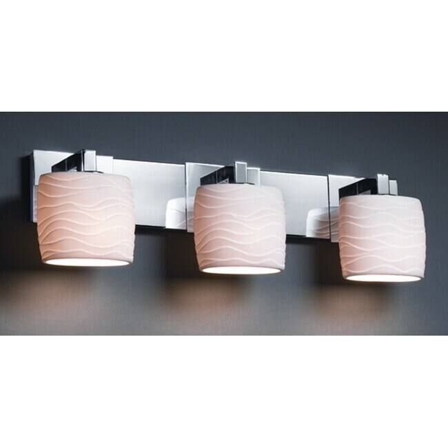 Justice Design Limoges Modular 3-light Polished Chrome Bath Bar, Waves Oval Shade - 3-light Porcelain Waves Polished Chrome Bath Bar