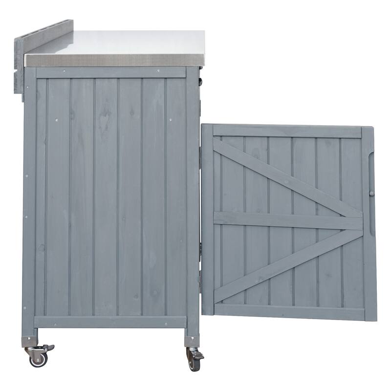 39.4" Outdoor Kitchen Island on Wheels with Stainless Table Top, Outdoor Kitchen Cabinet with Adjustable Shelves