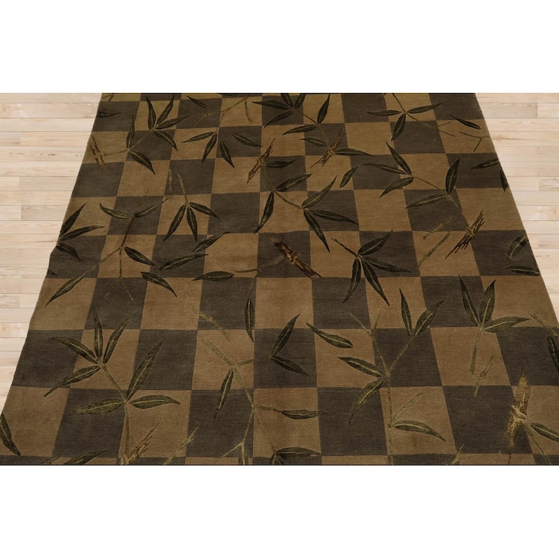 Hand Knotted Tibetan Green Floral Wool Transitional Oriental Area Rug - 6' x 9' 2''