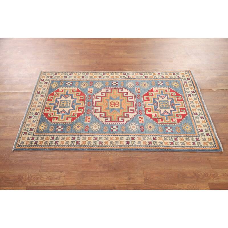 Light Blue Kazak Accent Rug Handmade Wool Carpet - 2'7" x 4'3"