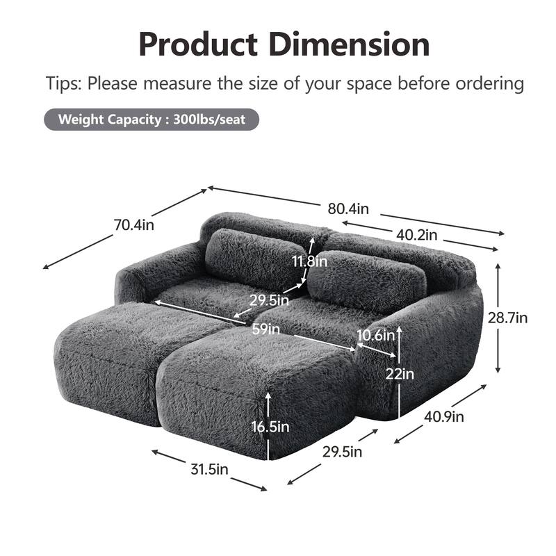 Homy Casa Modular Sectional Sofa, Dark Grey Plush Fabric with Non-Slip Base, No Assembly Living Room Couch with Pillows