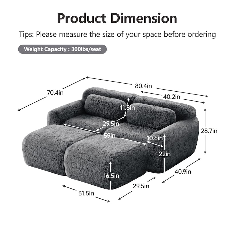 Roomfitters 80" Soft Plush Boneless Sofa with Chaise, No Assembly 32D Sponge Couch