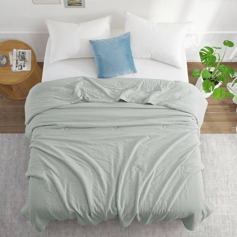 Lightweight Cooling Reversible Bed Blanket, Breathable Seersucker Comforter for Hot Sleepers