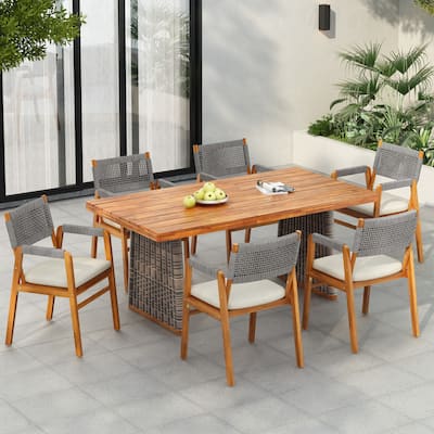 Christopher Knight Home - Kael Outdoor Acacia Wood Dining Set with Rope-Woven Armchairs and Cushions