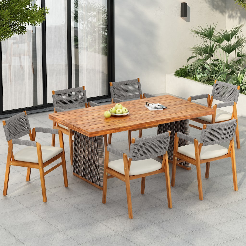Christopher Knight Home - Kael Outdoor Acacia Wood Dining Set with Rope-Woven Armchairs and Cushions