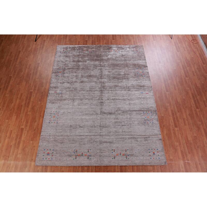 Hand Knotted Oriental Viscose Silk Carpet Tribal Stripe Brown Gabbeh Area Rug - 11' 8'' X 8' 11''