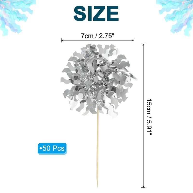 50 Pcs Firework Cupcake Toppers Sparkle Tassel Picks - Silver