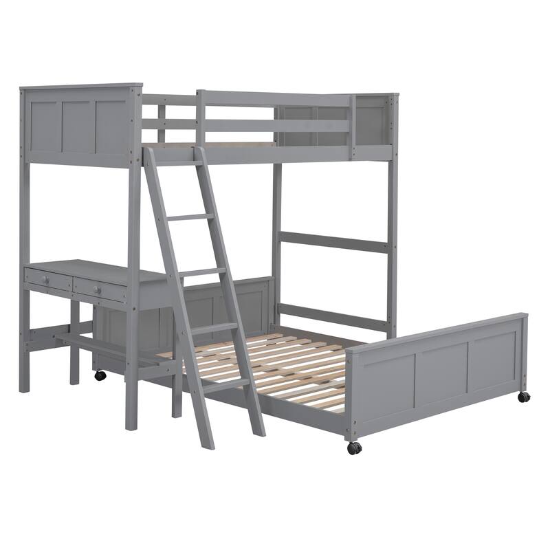 Space-Saving Twin Over Full Bunk Bed with Built-in Desk in Gray