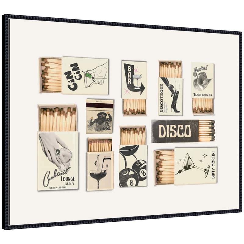 Kate and Laurel Vintage Matchboxes Neutral Black and Beige by Honey Island Studio Framed Canvas Wall Art Print - 38 x 28 - Black