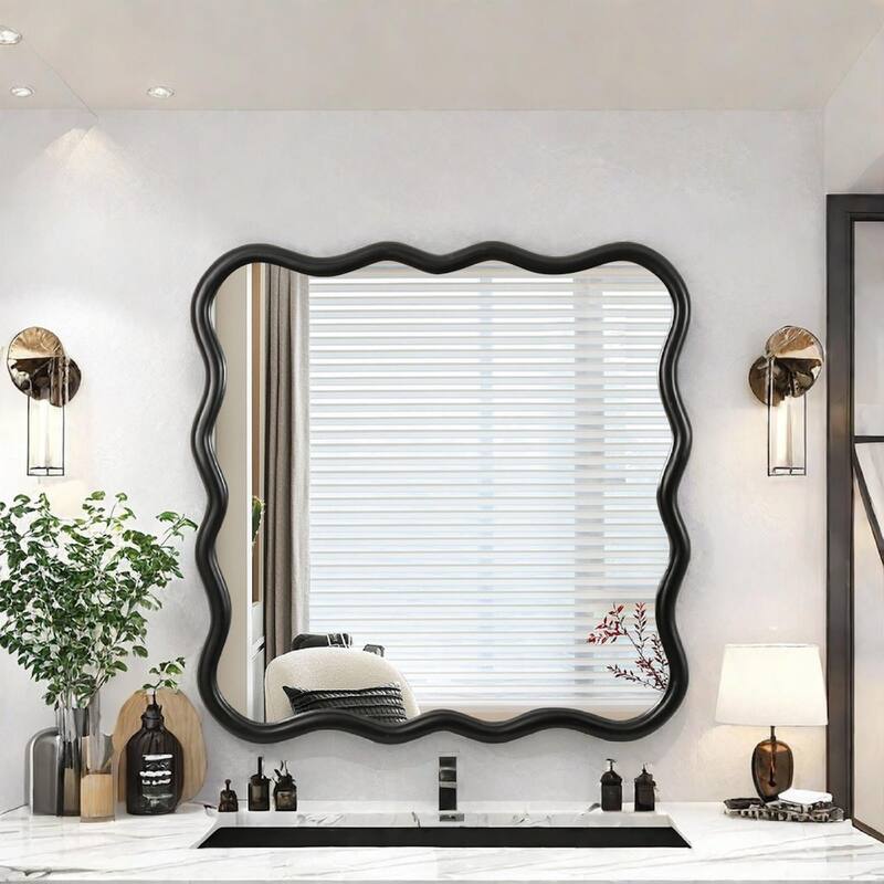 Roomfitters 36" x 36" Solid Wood Wavy Square Mirror, Modern Wall Decor for Bathroom & Entryway, Black
