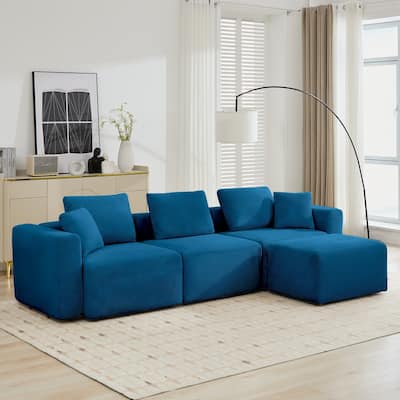 L-shaped Corduroy Sectional Sofa with a Large Ottoman, Square Armas & Ottoman Extension
