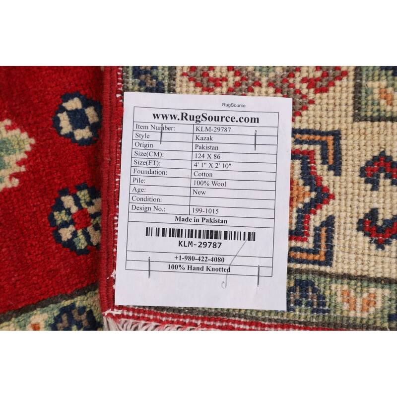 Kazak Accent Rug Hand-Knotted Geometric Red Wool Carpet - 2'10" x 4'1"