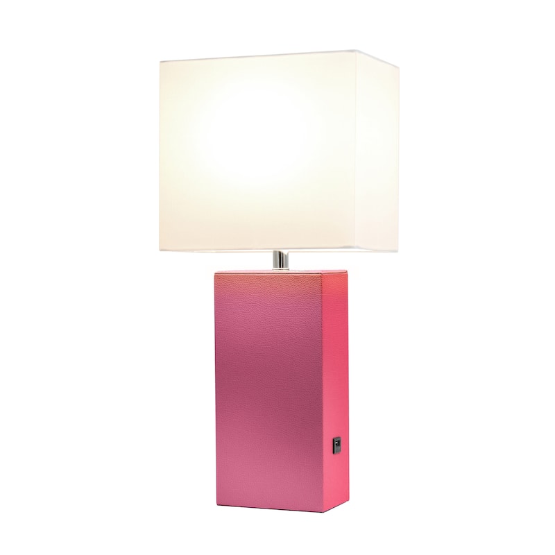 Modern Leather Table Lamp with USB and White Fabric Shade