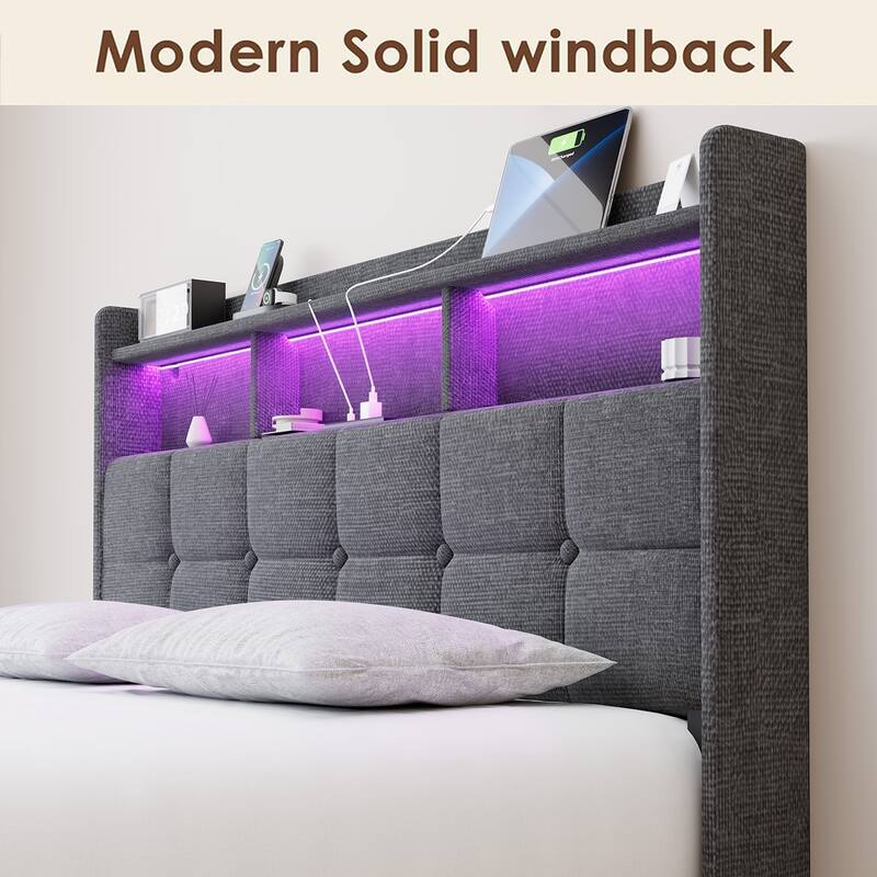 King Size Upholstered Platform Bed with LED Lights, Charging Station & Storage Headboard, No Box Spring Needed