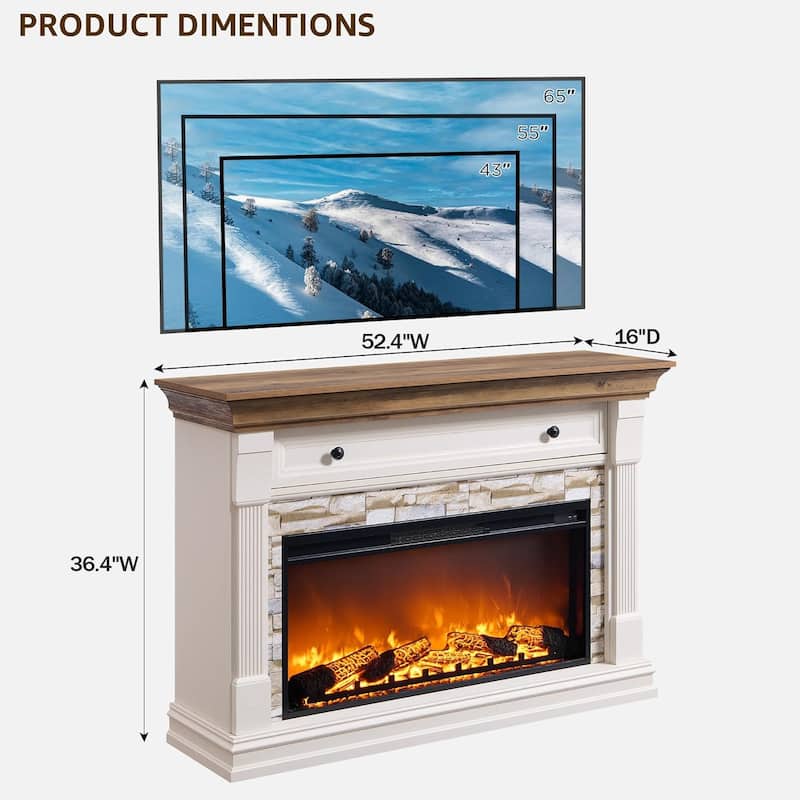 52" Farmhouse Electric Fireplace TV Stand, Wood Entertainment Center