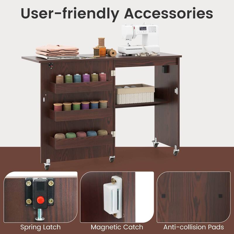 Costway Folding Sewing Machine Table Lockable Casters Rack with 3 - See Details