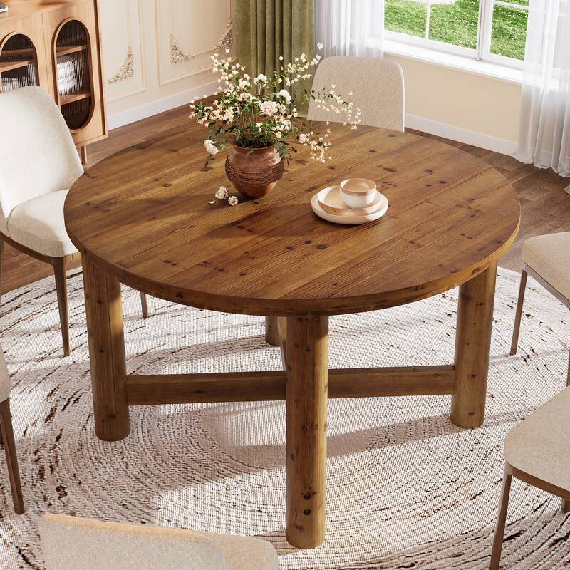 47 Inch Solid Wood Round Dining Table for 4-6 People, Farmhouse Style - 47.24" L x 47.24" W x 29.53" H