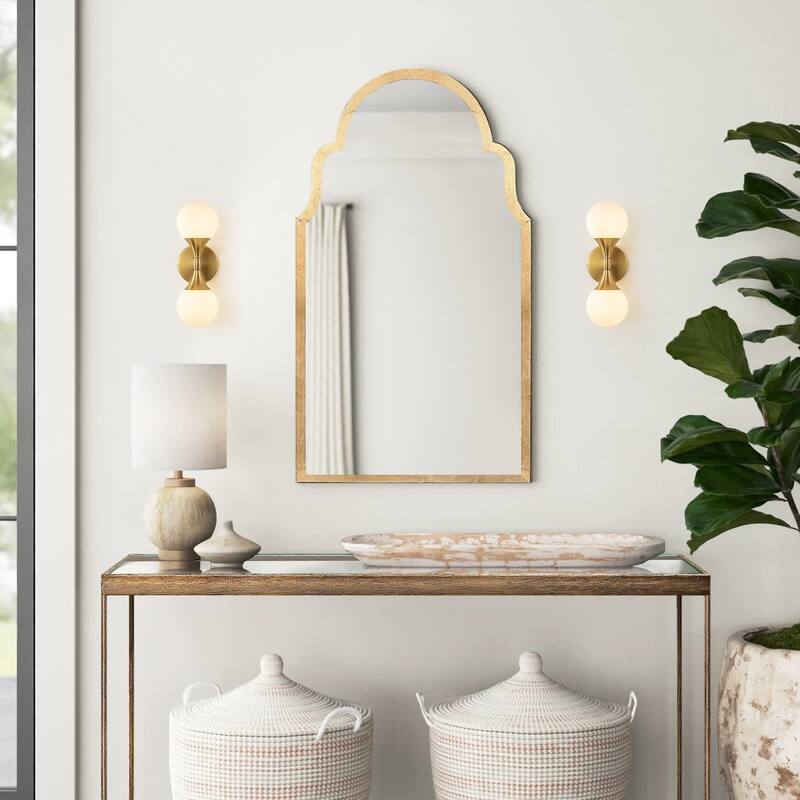 14 in. 2-Light Modern Gold Linear Up&Down Wall Sconces Light Frosted Opal Glass Globe Vanity Lighting