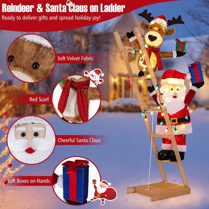 Costway 5.5 FT Lighted Reindeer & Santa Claus on Ladder with 100 LED - as pic shows - See Details