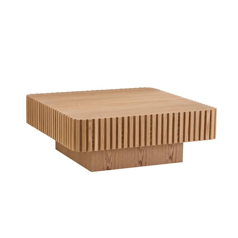 Small Accent Table Wooden Coffee Table Square Pedestal Base Center Table with Side Fluted Design and Wood Grain Veneer