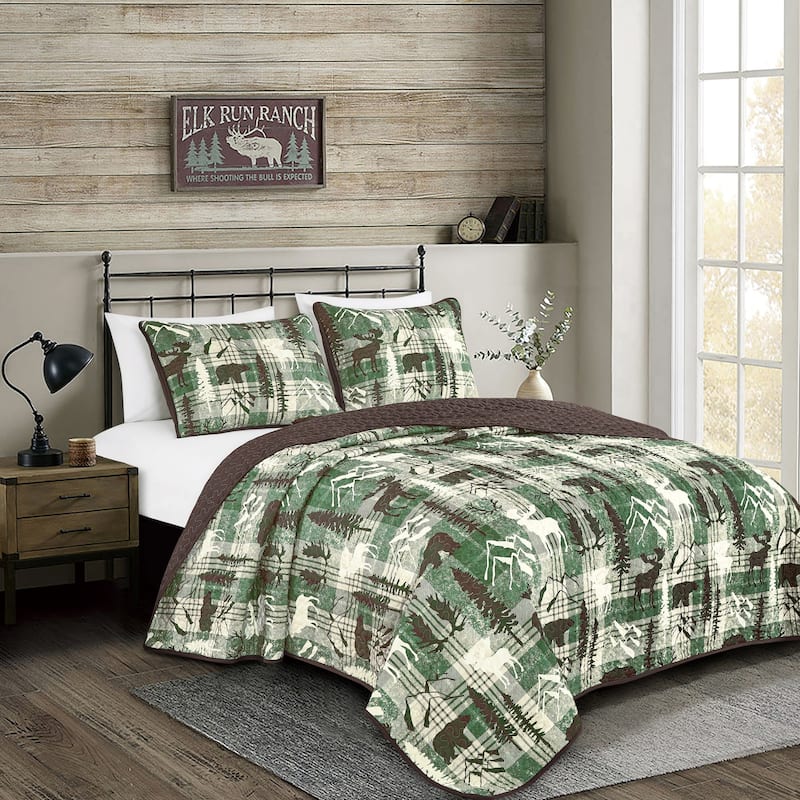3 Pcs Rustic Polyester Quilt Bedspread Set - Green - Queen