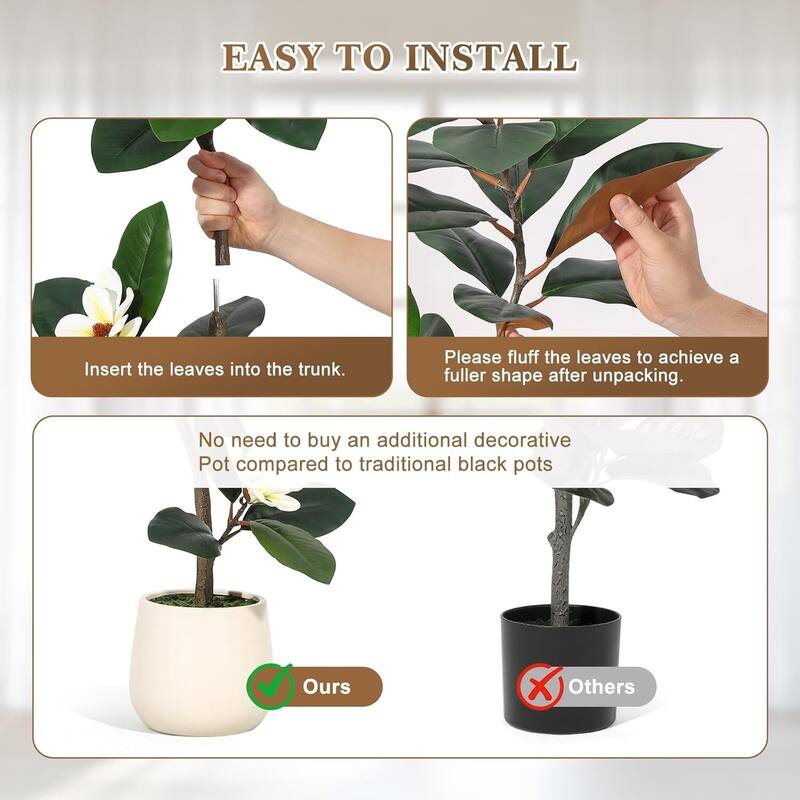 Artificial Faux Rubber Tree with Magnolia Flowers for Home Decor